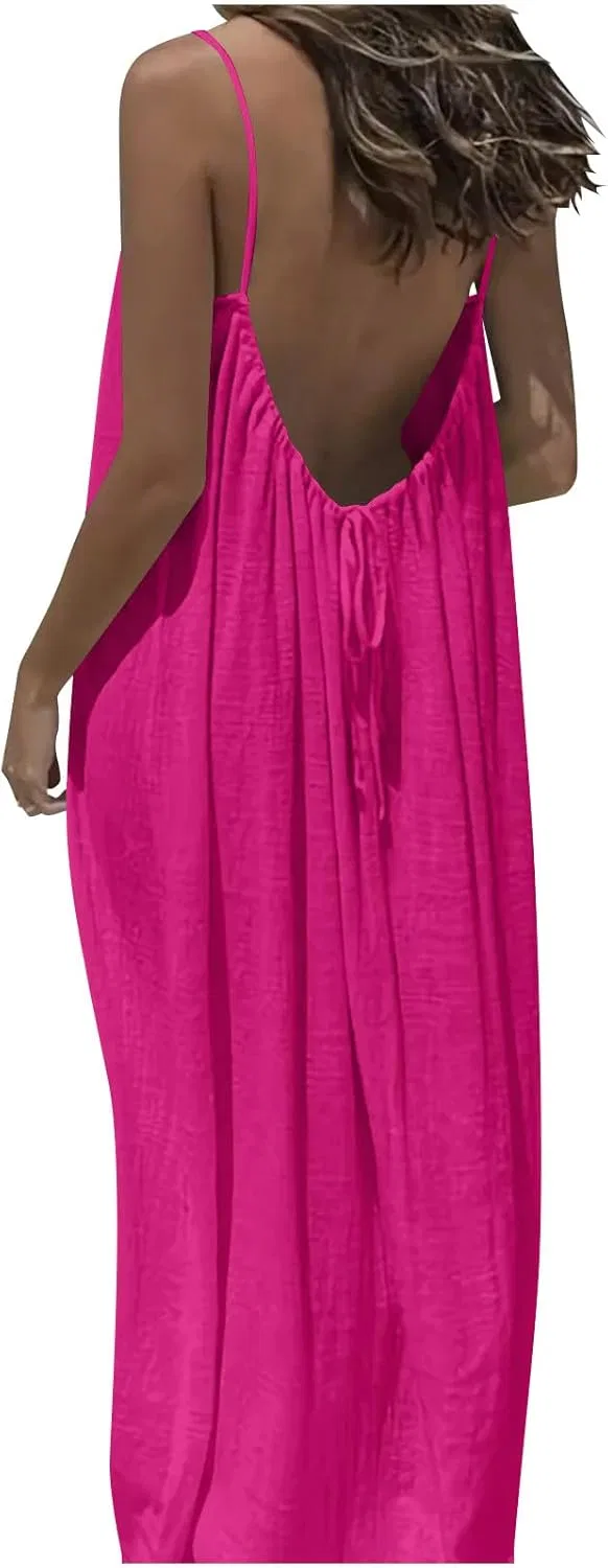 Женское летнее сарафан-макси на тонких бретелях, Hot Pink — фото 4