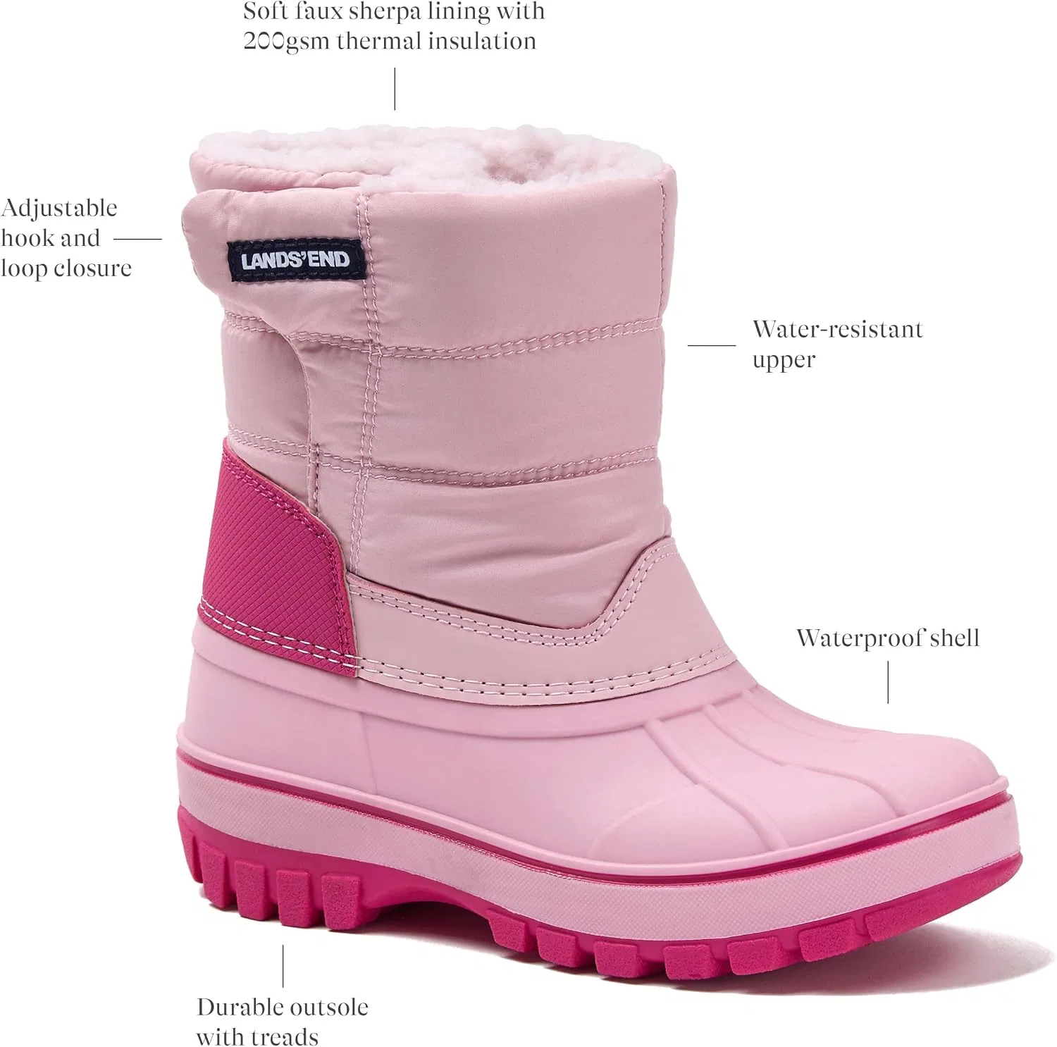 Детские зимние сапоги для девочек и мальчиков с флисом Lands' End Flurry Waterproof Fleece Winter Kids Snow Boots, Cotton Candy Pink — фото 3