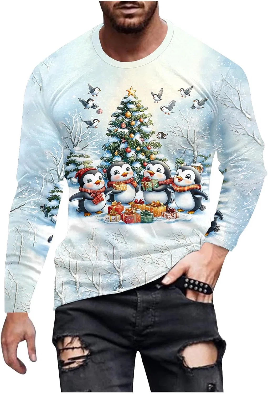Мужской рождественский свитер с принтом 3D, Crew Neck, Light Blue