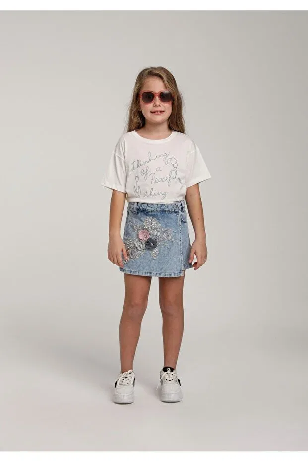 Детские шорты-юбка для девочек джинсовые с цветочным принтом Escabel, Jeans Blue