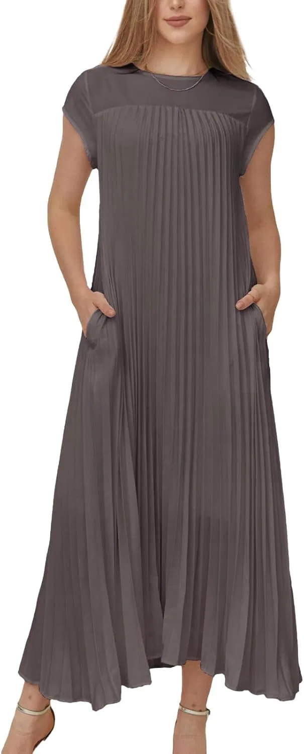 Женское летнее плиссированное макси-платье с коротким рукавом, Grey