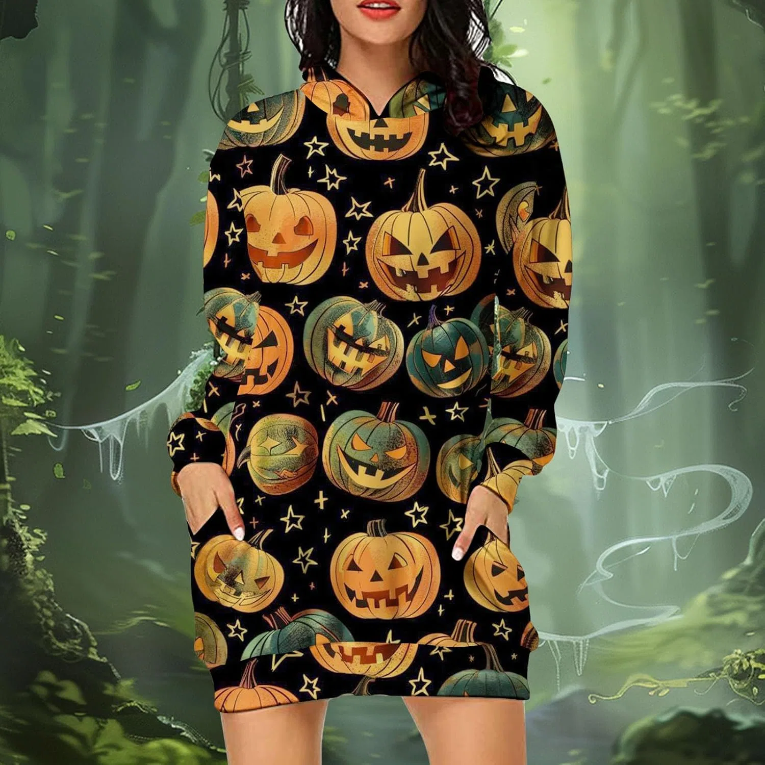 Женское худи-платье с принтом, Halloween Ghost, чёрный — фото 2