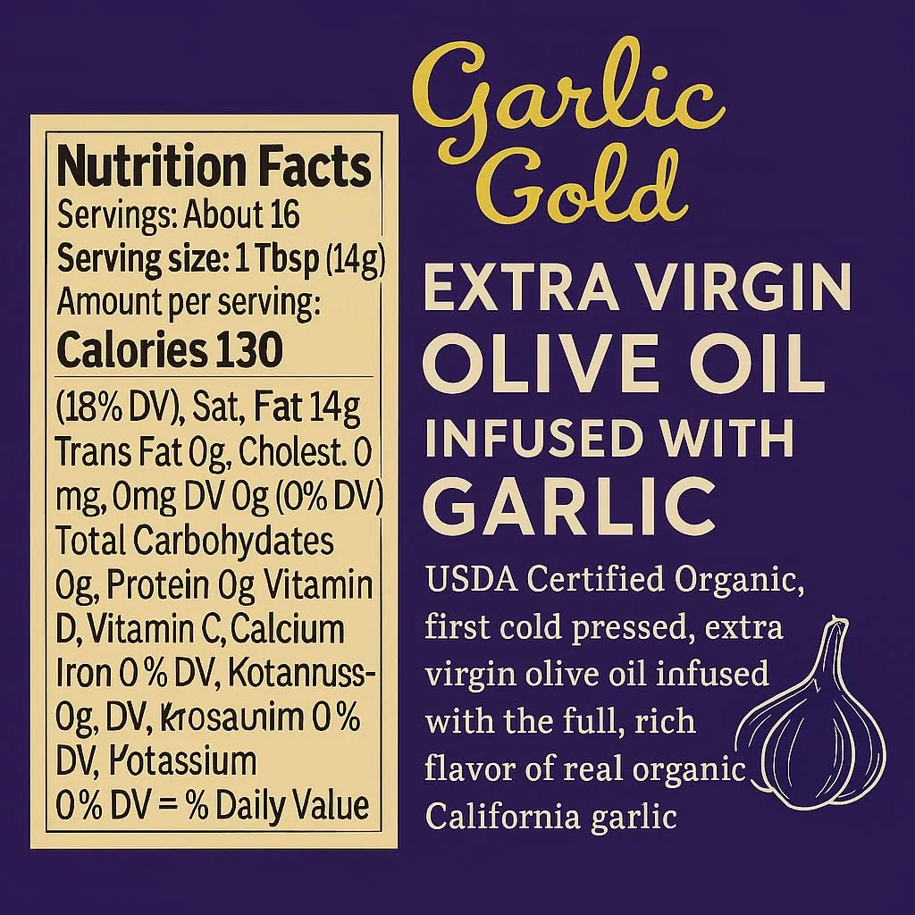 Органическое оливковое масло экстра вирджин с жареным чесноком, Garlic Gold, набор 6 шт, 500 мл — фото 2