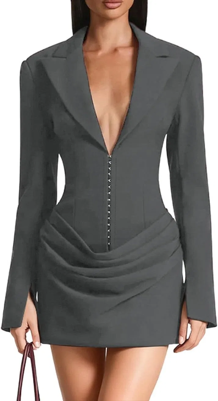 Женское мини-платье-блейзер с V-образным вырезом Notched Lapel, Black