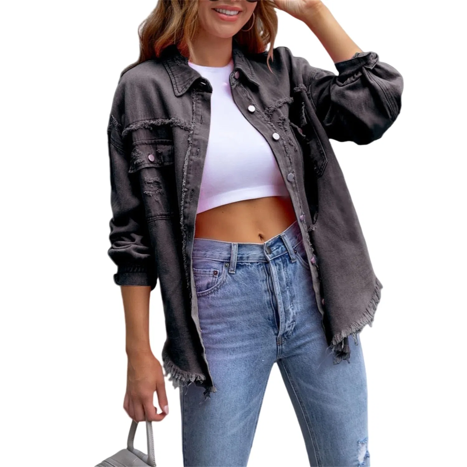 Женская джинсовая куртка оверсайз с бахромой Western Shacket, grigio