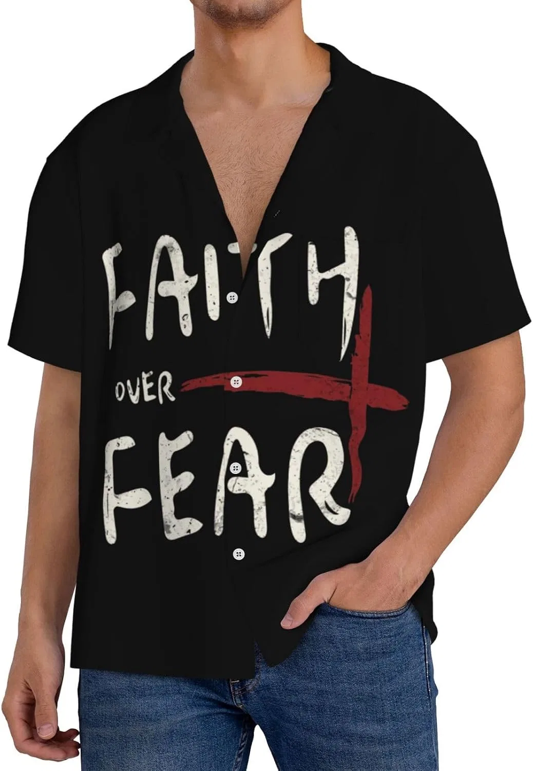 Мужская свободная рубашка с коротким рукавом и принтом Faith Over Fear, Black