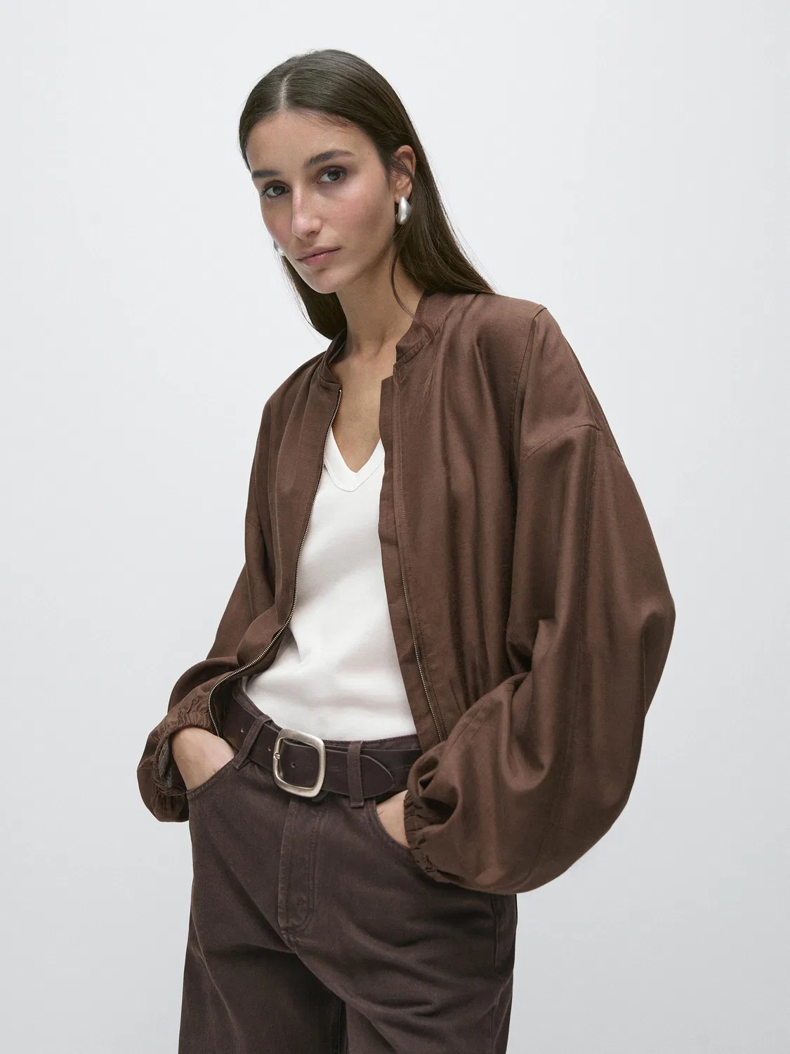 Свободная куртка-бомбер Massimo Dutti, коричневый — фото 2