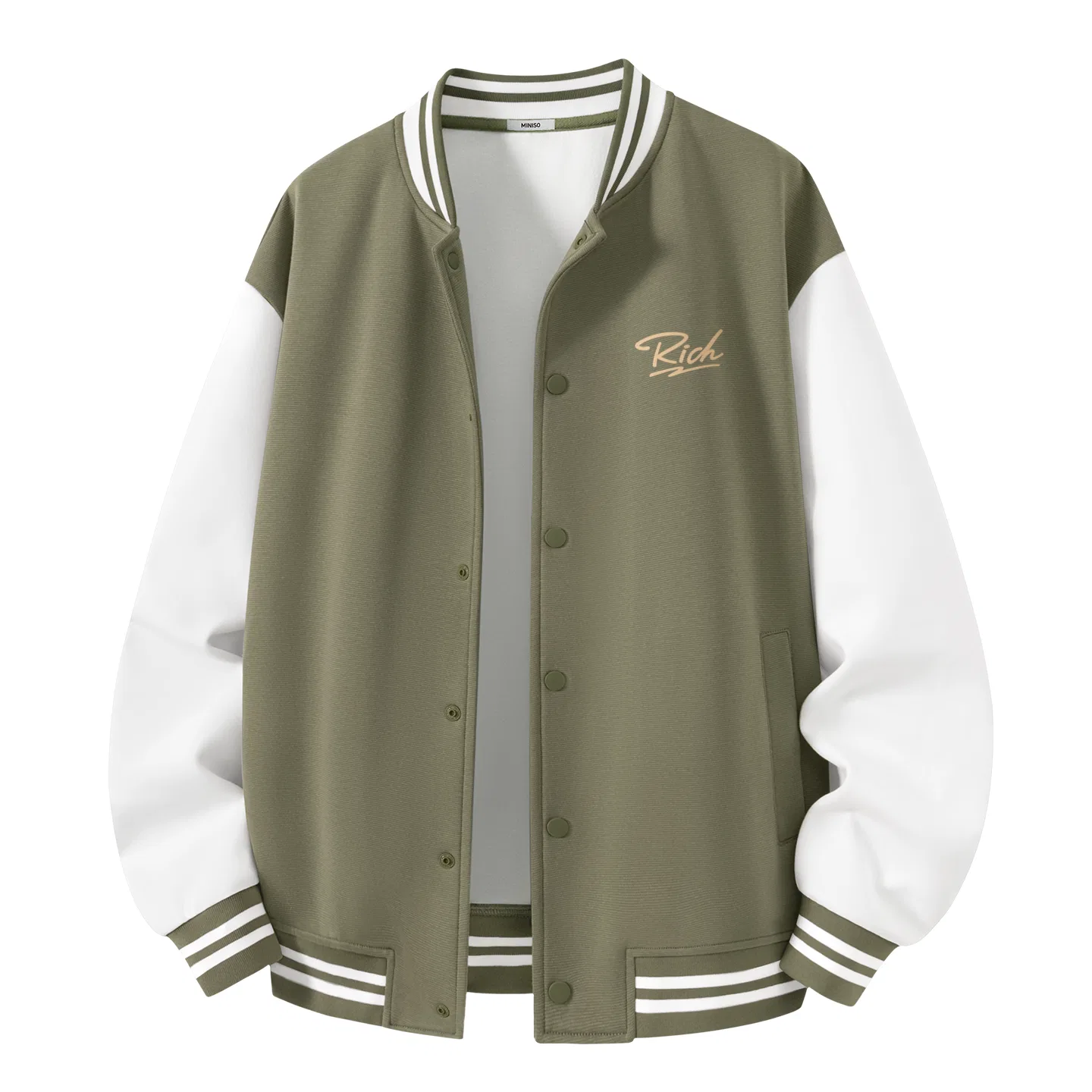 Детская бейсбольная куртка с воротником-стойкой Heavyweight Baseball Collar Black with Gold Sparkling Chest Logo, MINISO, Черный с золотым блестящим логотипом на груди — фото 4
