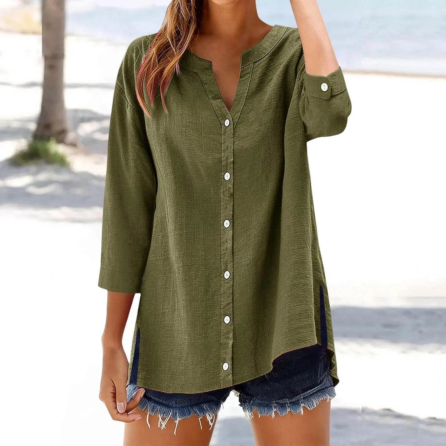 Женская туника из хлопка и льна, Oversized V Neck, коричневый — фото 2