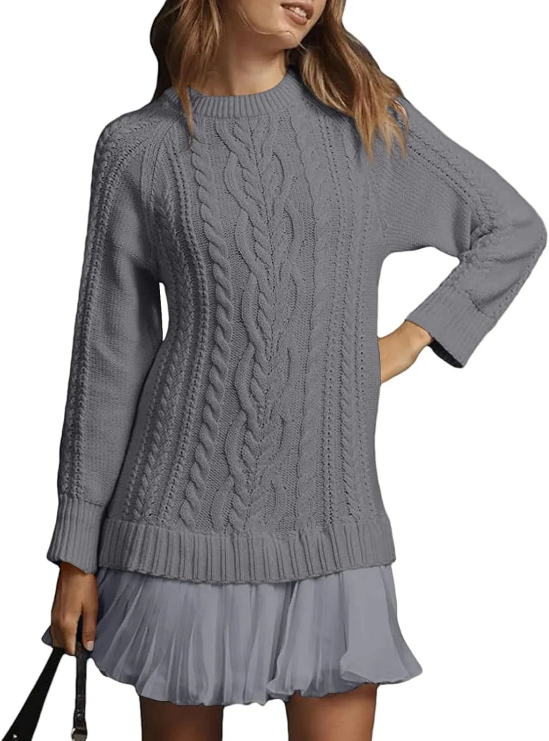 Женское мини-платье свитер с кабельной вязкой Patchwork Twofer, Gray