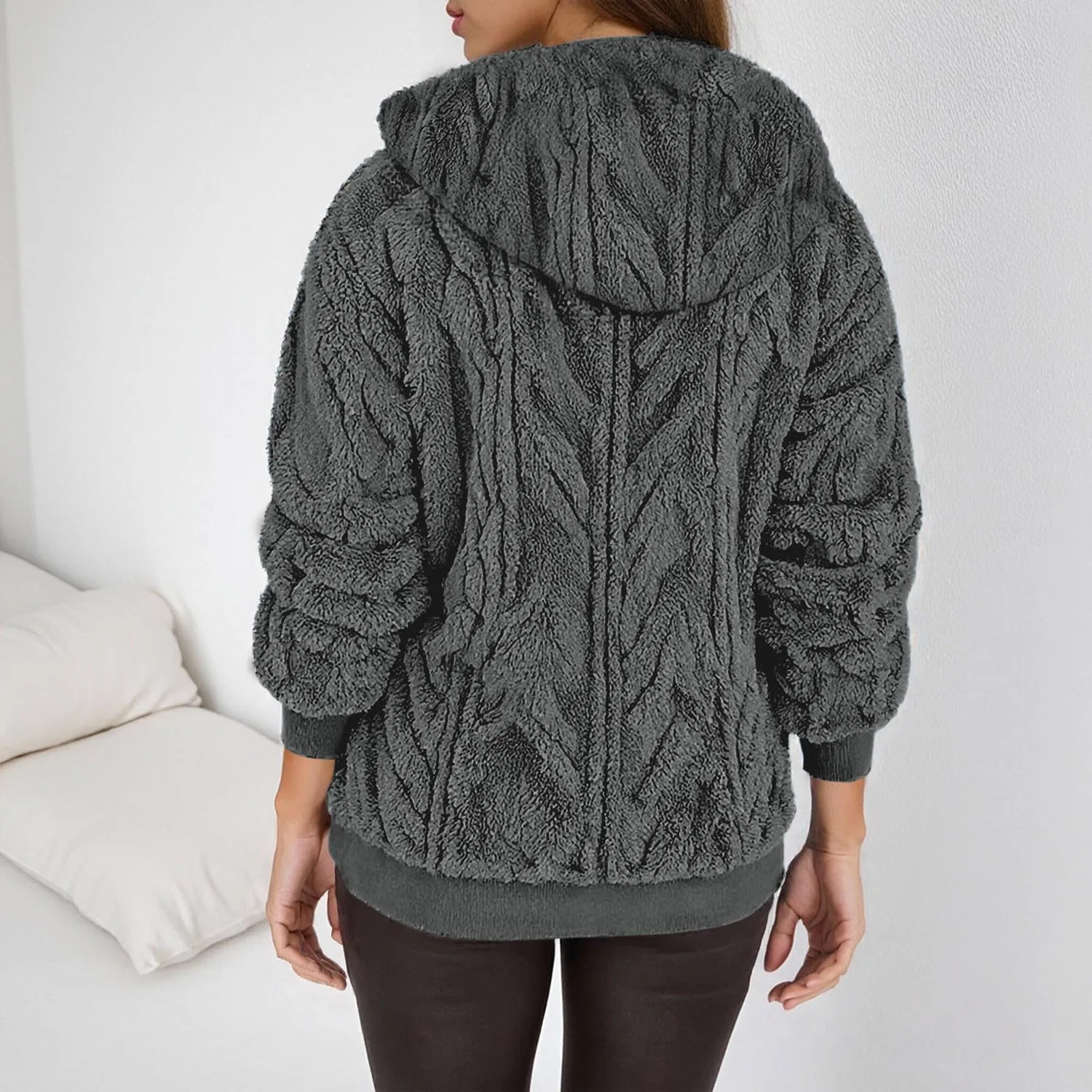Женское пальто с капюшоном и молнией, на флисовой подкладке, Grey — фото 3