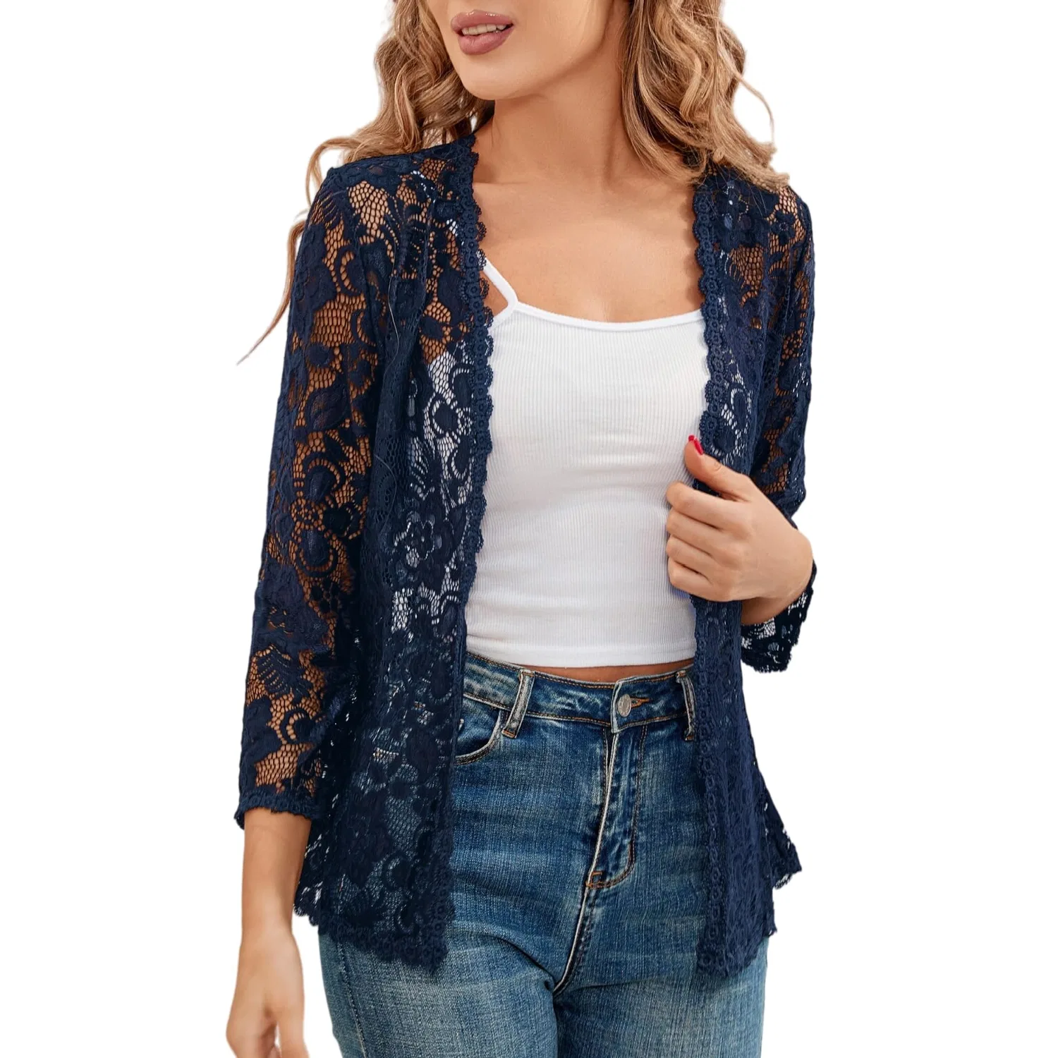 Женский кардиган с цветочным кружевом с рукавом 3/4, модель Bolero, Navy