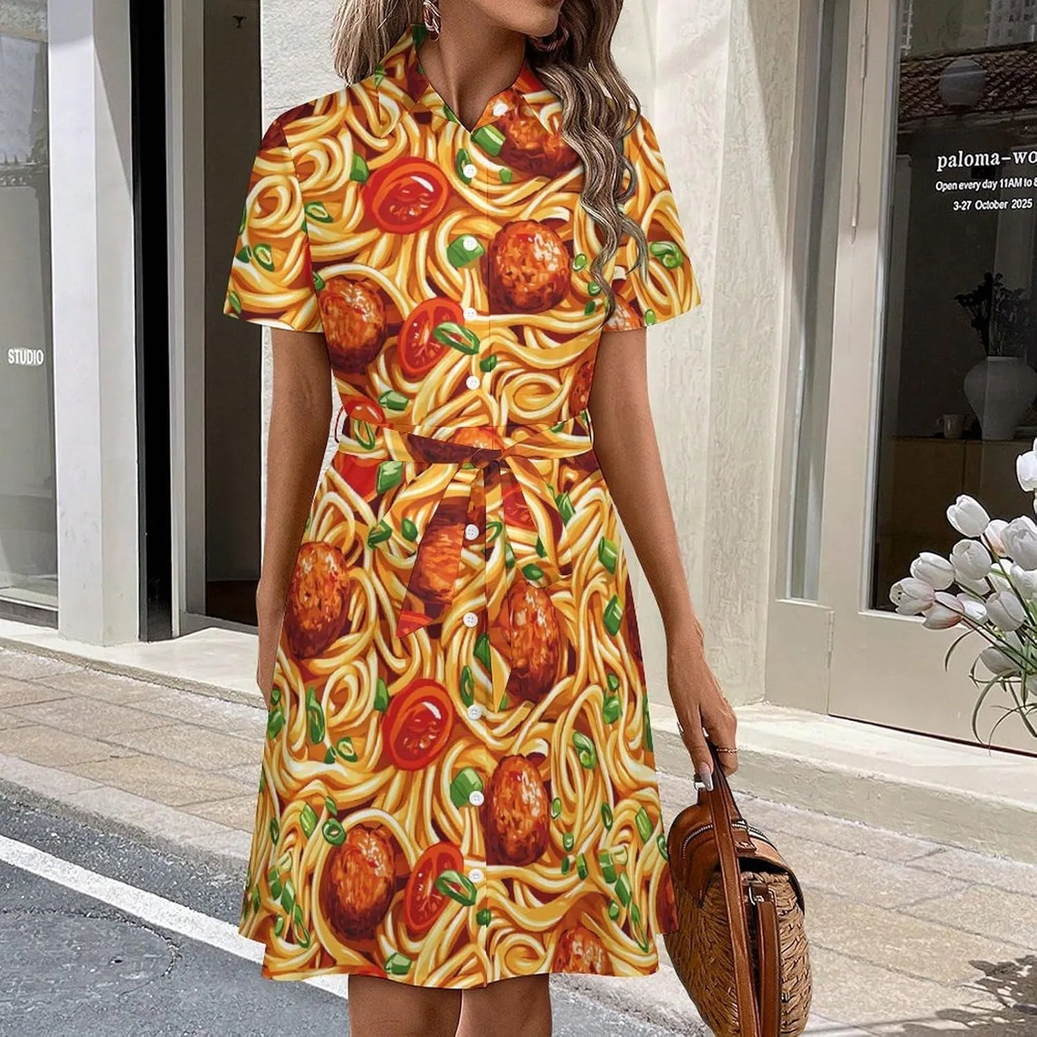 Женское платье-рубашка с принтом, Italian Spaghetti Food Print, чёрный — фото 2