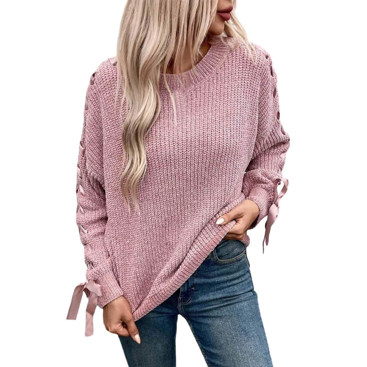 Женский свитер с круглым вырезом с косами, Colore: rosa