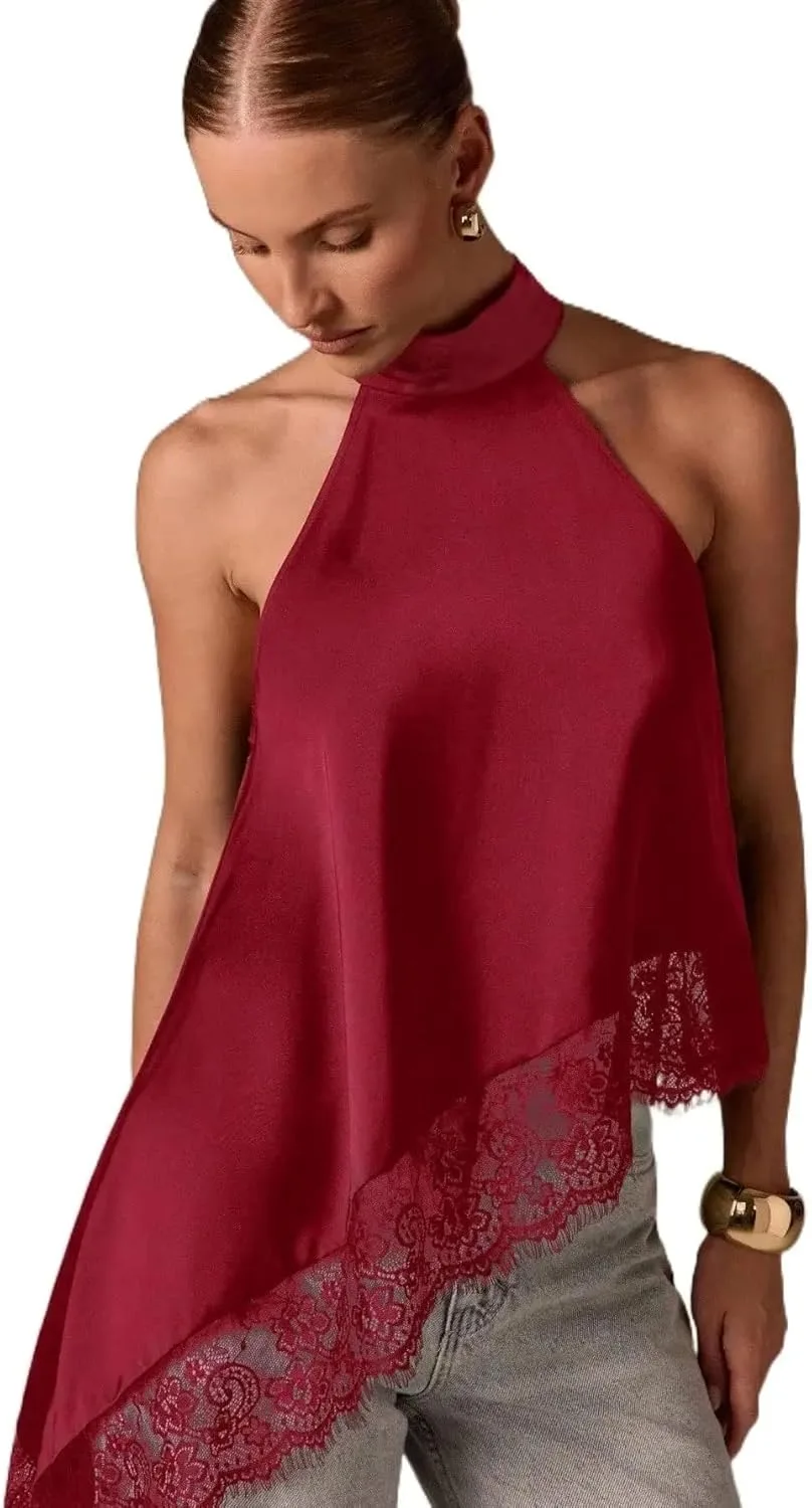 

Женский топ без рукавов с высоким воротником и кружевной отделкой