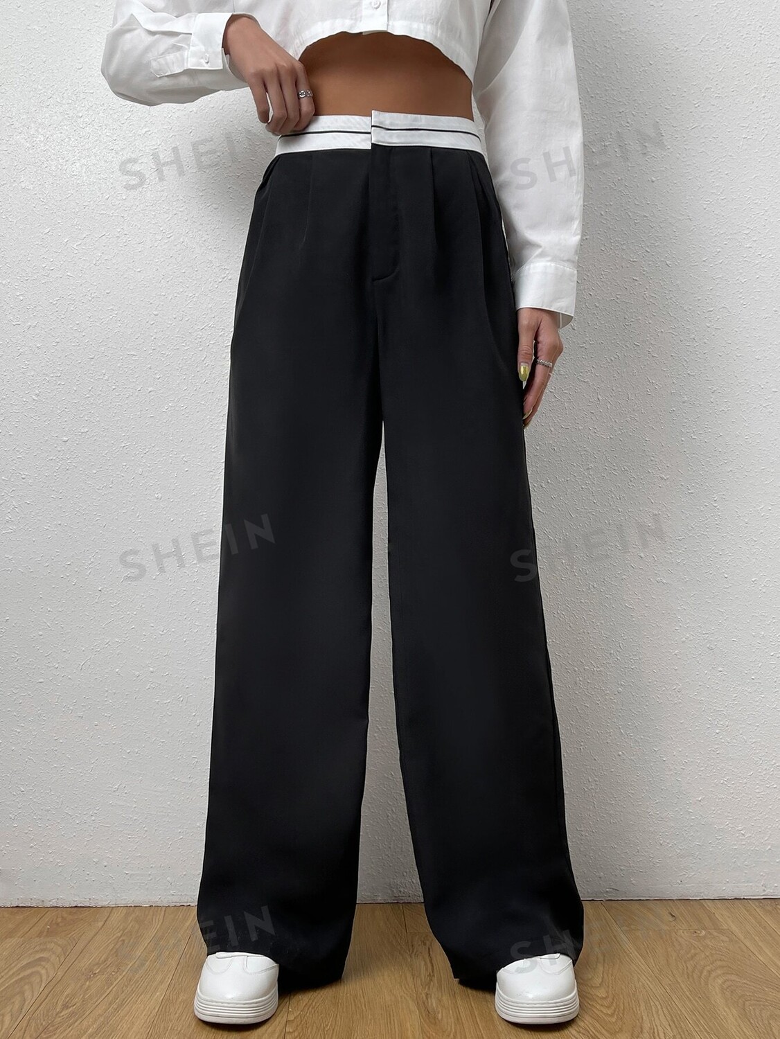

Широкие брюки EZwear, черные, блочный сращивание Shein, черный