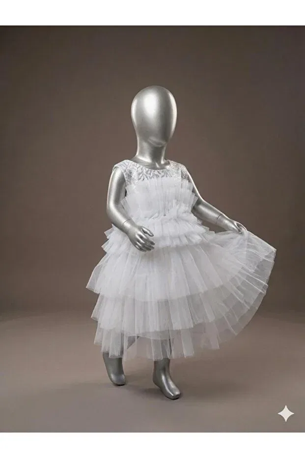 Детское платье для девочек с многослойным тюлем Princess Model Jannock, White