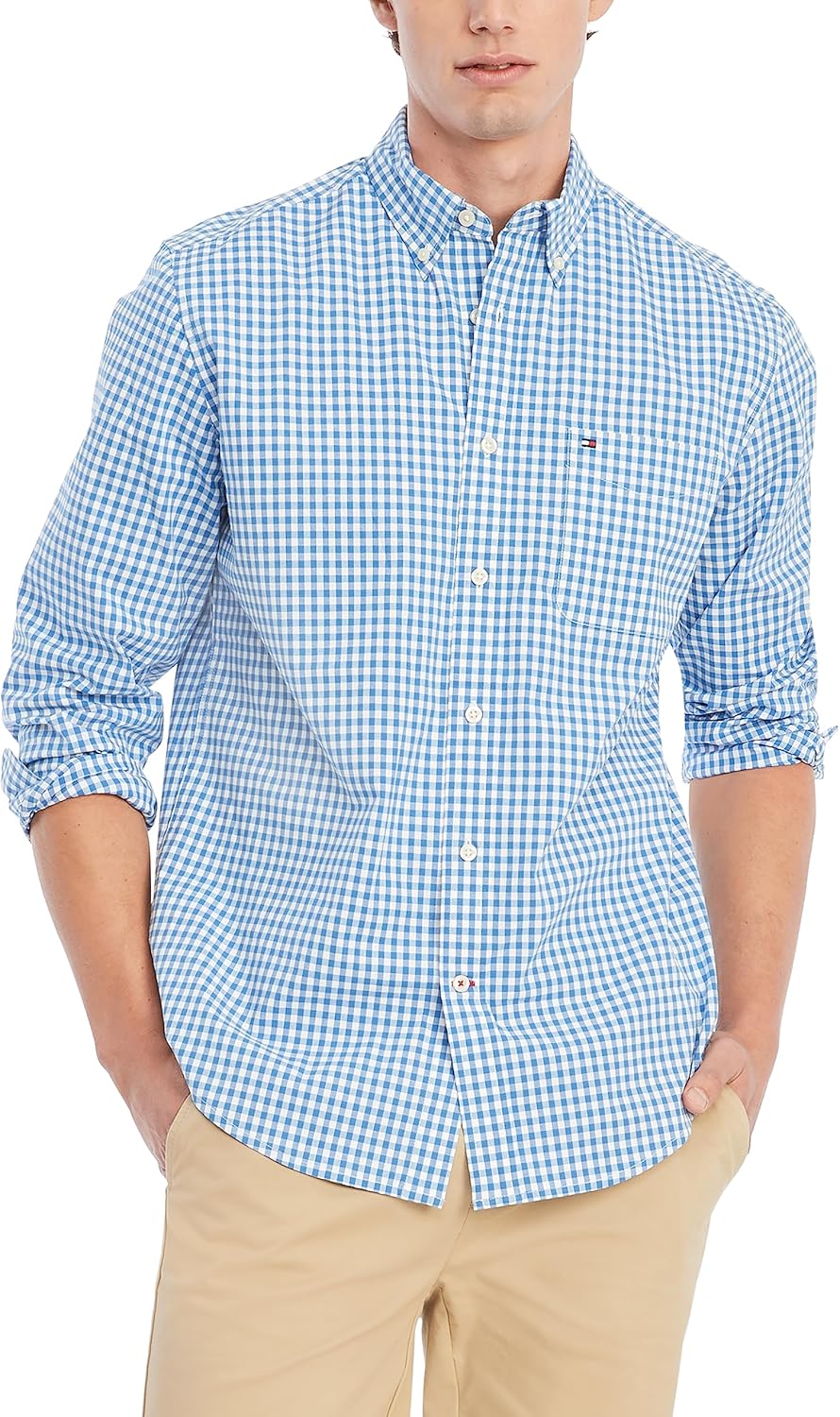 

Мужская повседневная рубашка Tommy Hilfiger с длинным рукавом и застежкой на пуговицы, классический крой, Blooming Blue