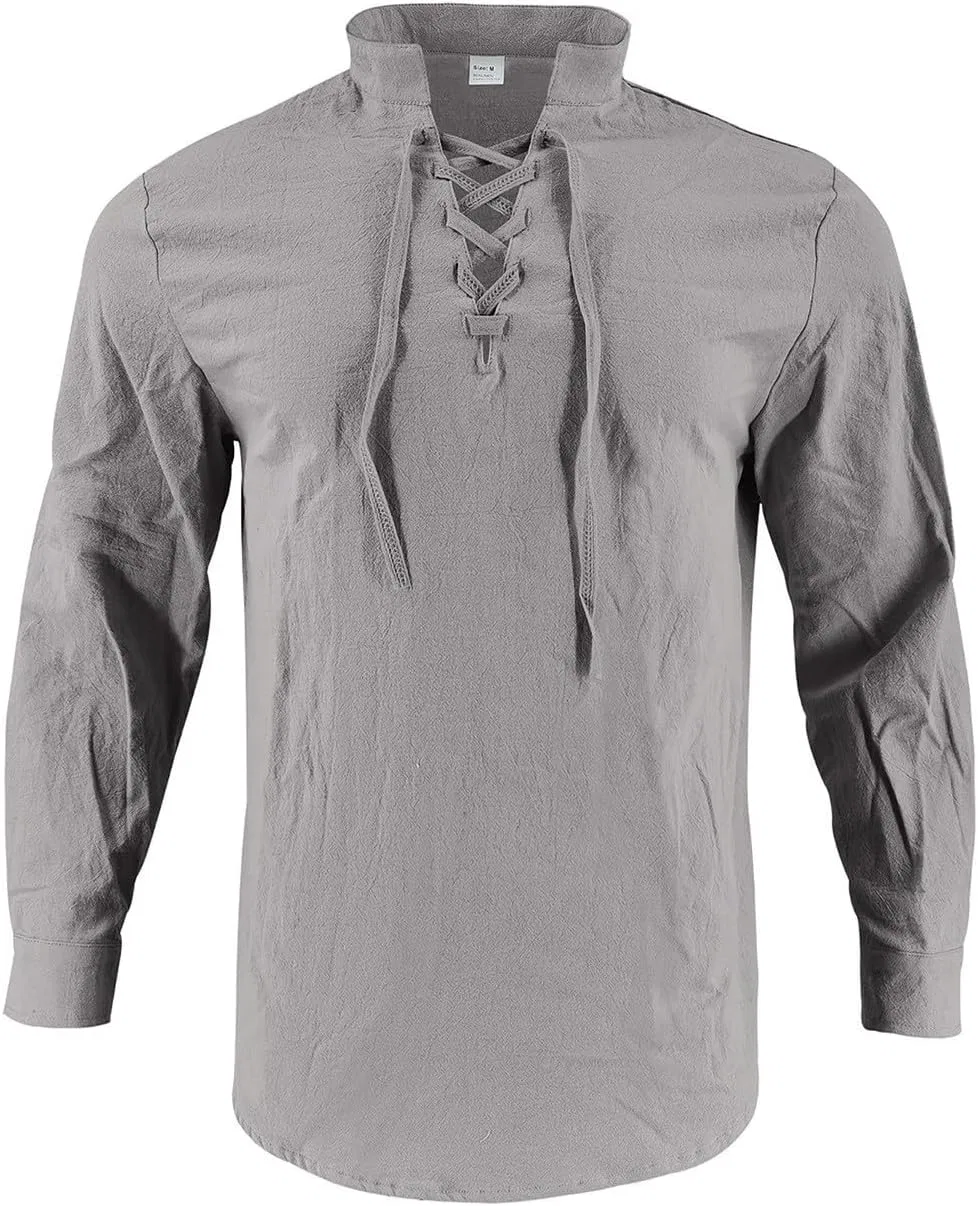 Мужская рубашка из льна с воротником-стойкой, с длинным рукавом, модель Solid Band Collar Long Sleeve Henley, серый — фото 3