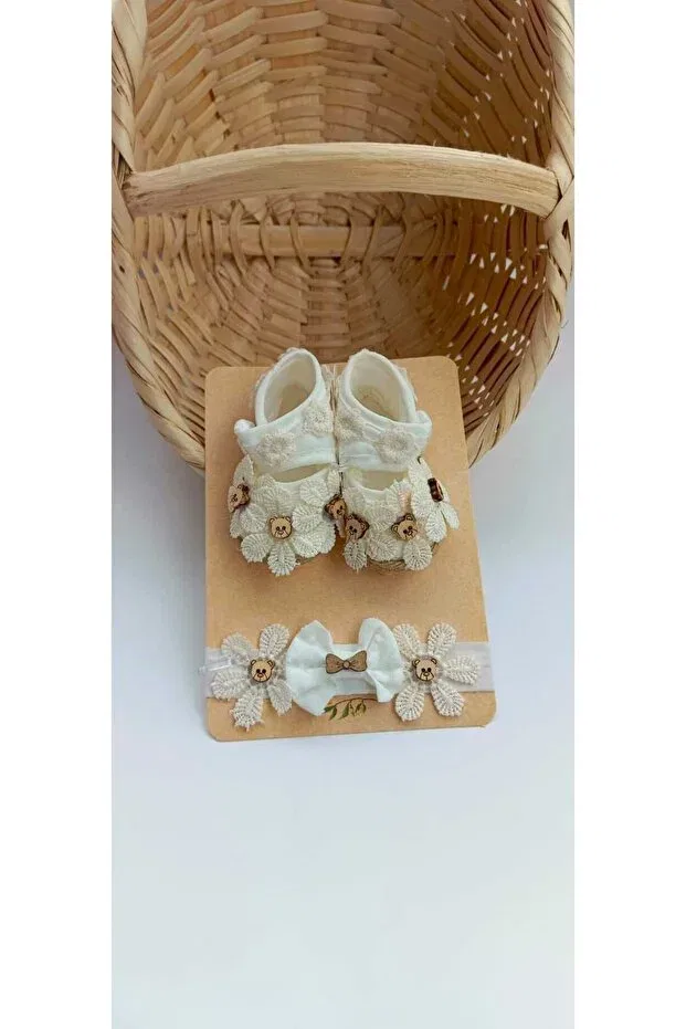 Детские пинетки с цветочным принтом и бантиками Bilge Trend, Cream — фото 2