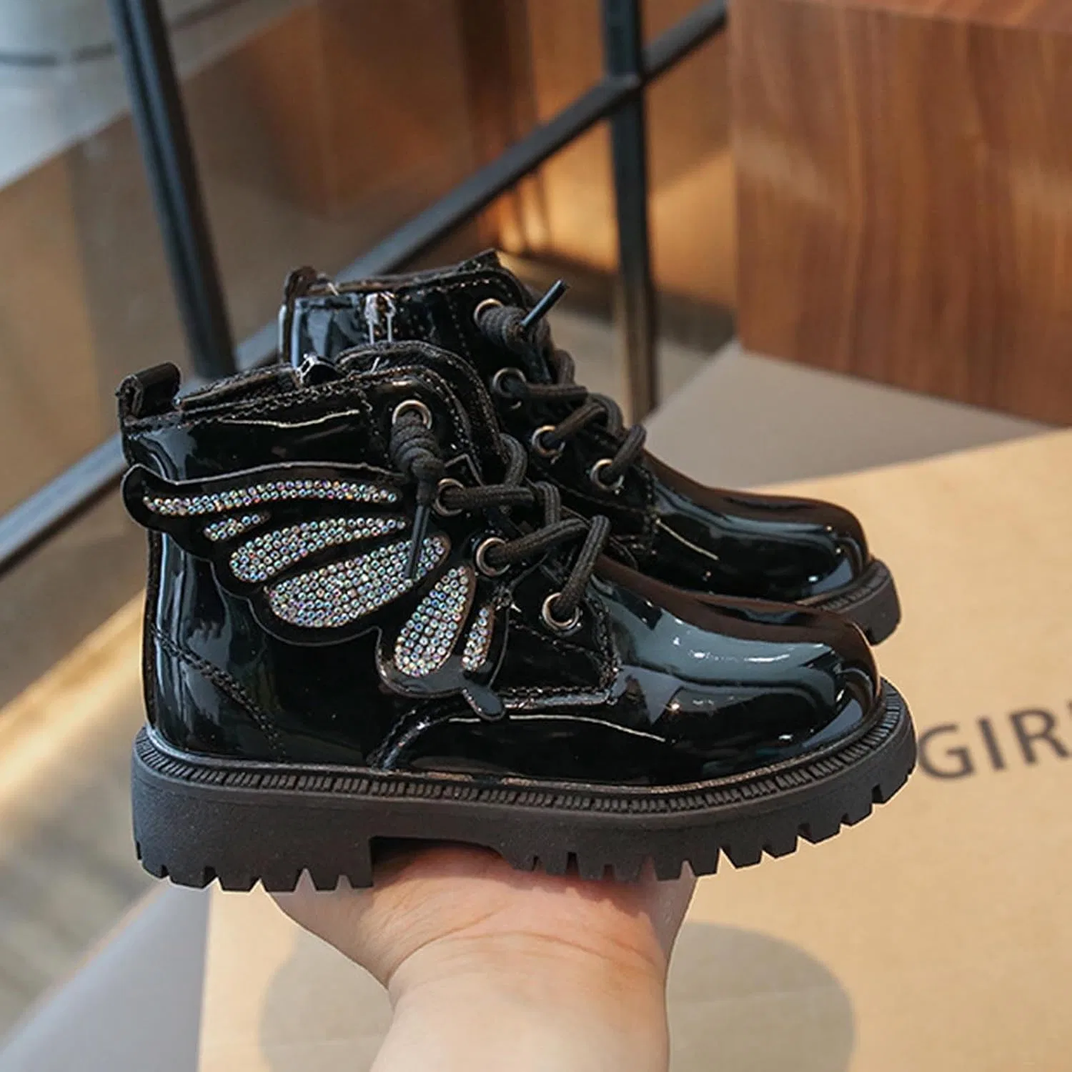 Детские ботинки для девочек с принтом Rhinestone Ankle Boots Zzalalana, Black — фото 2
