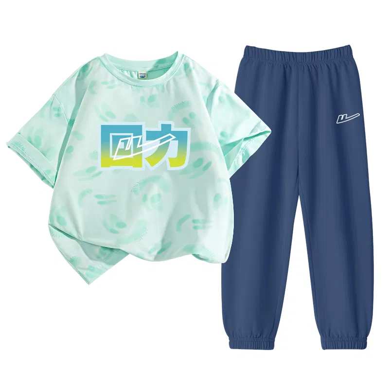 Детский комплект спортивной одежды с принтом, Casual Sportswear WARRIOR, Aqua Green/H Blue Green Text Logo-Navy Blue/H Cut-Out White Logo K
