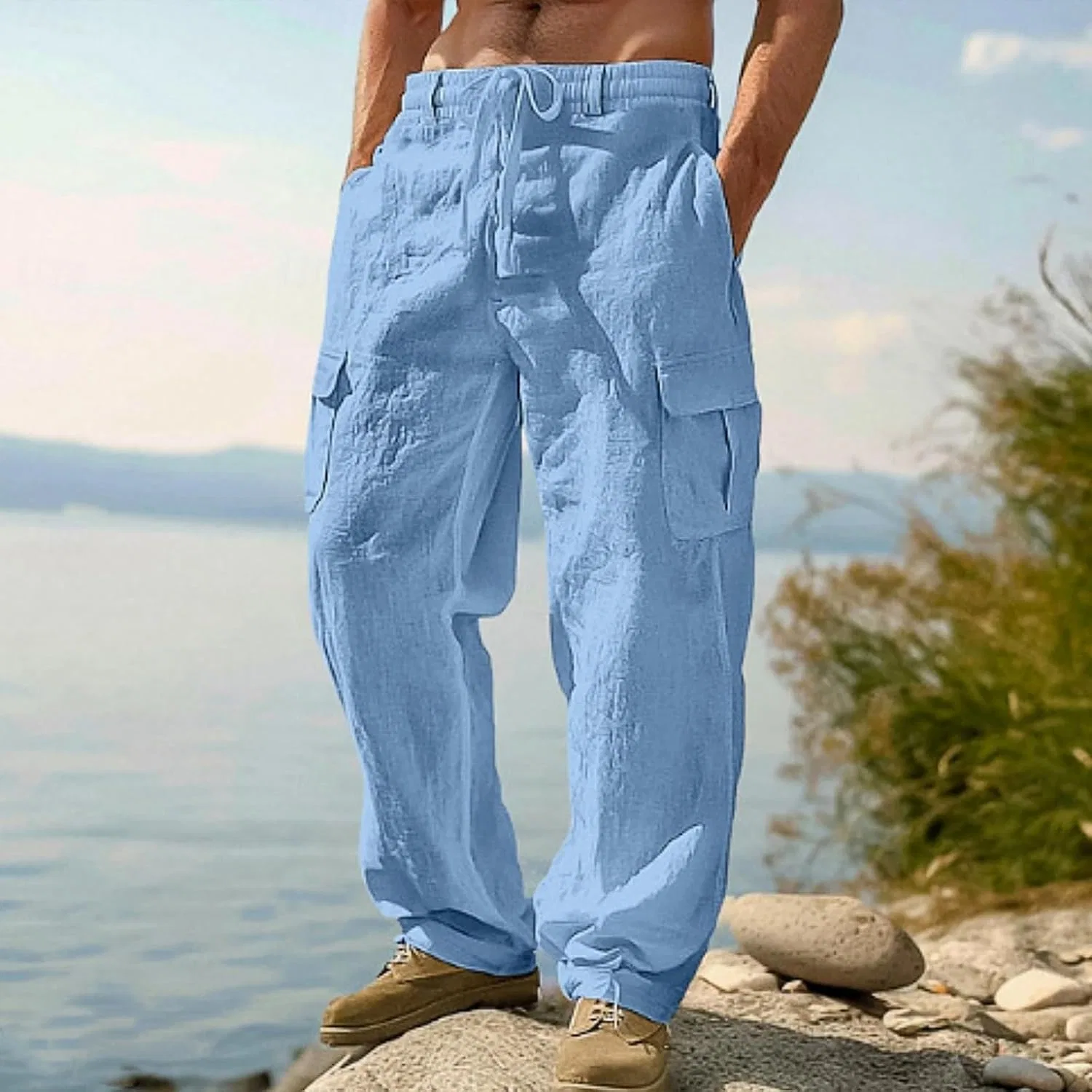 Мужские брюки свободного кроя из льна с завязками, Cargo Pants, голубой — фото 2
