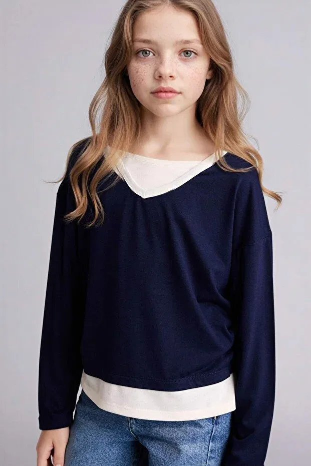 Детская футболка с длинным рукавом Combed Cotton T-Shirt Defacto, Navy Blue-Nv251