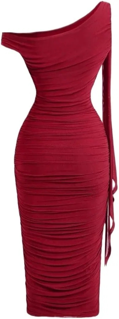 Женское элегантное платье миди bodycon с асимметричным вырезом Generic, Burgundy — фото 2