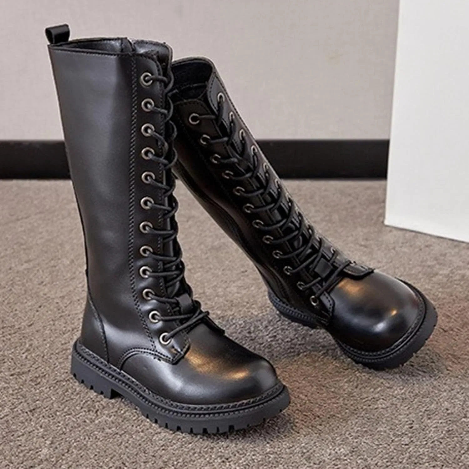 Детские ботинки на шнуровке с молнией для девочек, модель Girls Lace Up Combat Boots, Black — фото 3