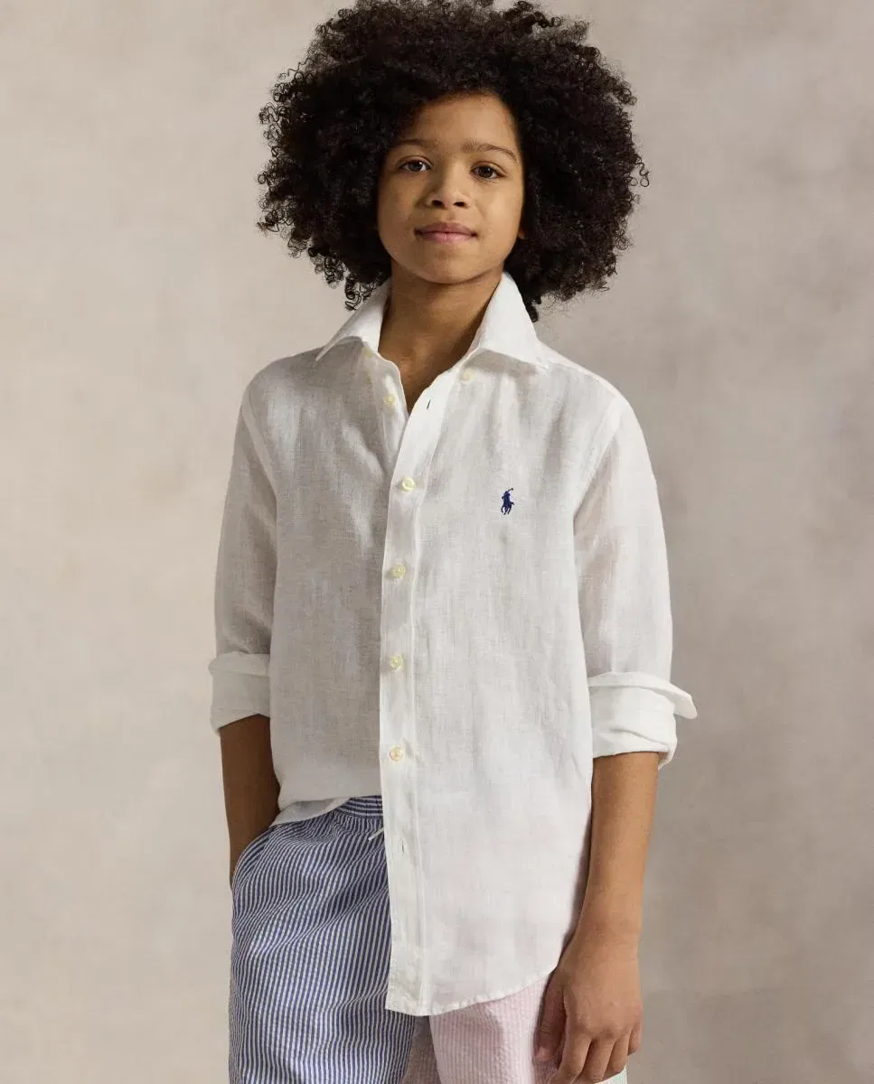Детская рубашка для мальчиков льняная с вышивкой лошади Polo Ralph Lauren, Blanco — фото 4