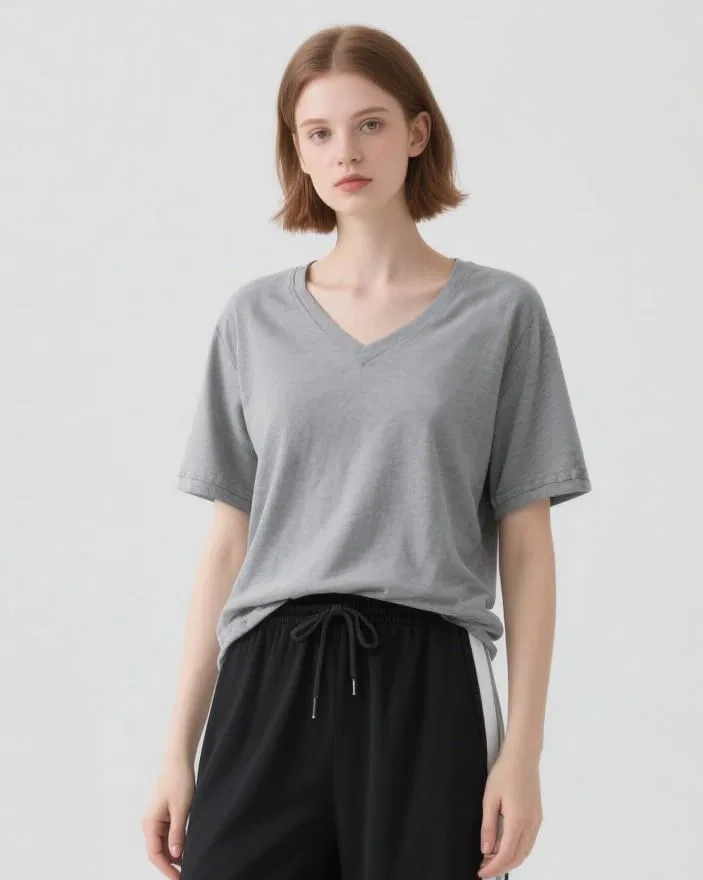Женская футболка с буквенным принтом V-образным вырезом, Olive Green — фото 2