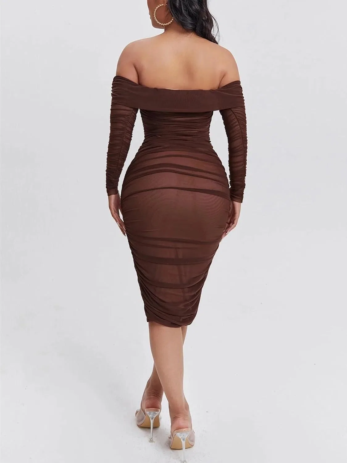 Женское платье миди с открытой спиной Off-Shoulder, Chocolate Brown — фото 2