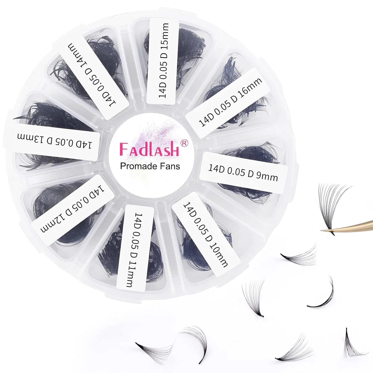 Ресницы объемные 14D 0.05 D Curl 9-16 мм, 1000 шт, FADLASH, 14D-0.05-D