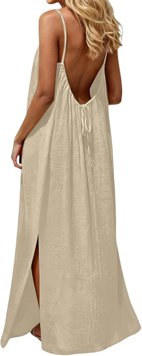 Женское пляжное платье с открытой спиной и разрезом, Beige