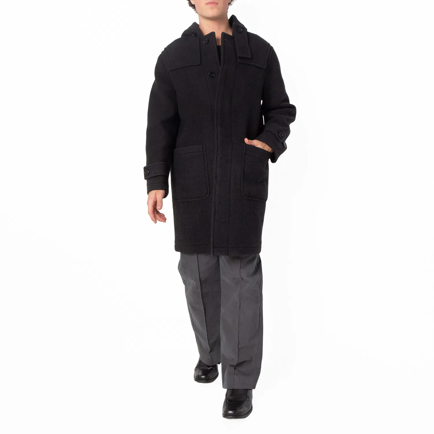 Пальто-дафлкот однобортное шерстяное Single-Breasted Wool Duffle Coat Burberry, Black/Snug Ip Check