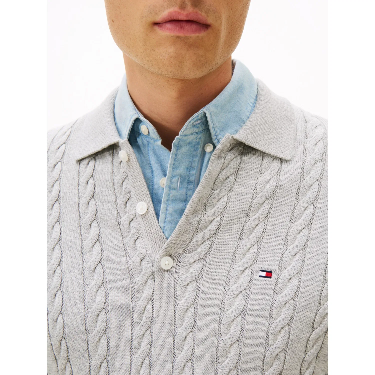 Мужской пуловер с поло-воротником и косичками Tommy Hilfiger, Light Grey Heather — фото 2