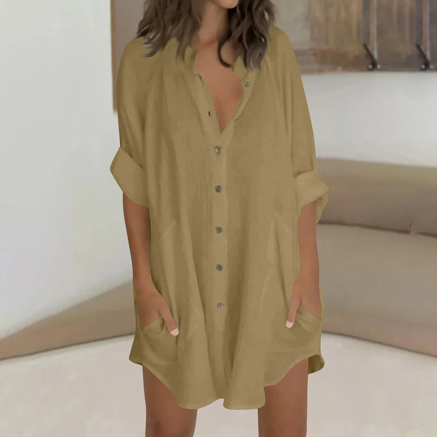 Женская туника свободного кроя на пуговицах Pelang, Khaki — фото 2