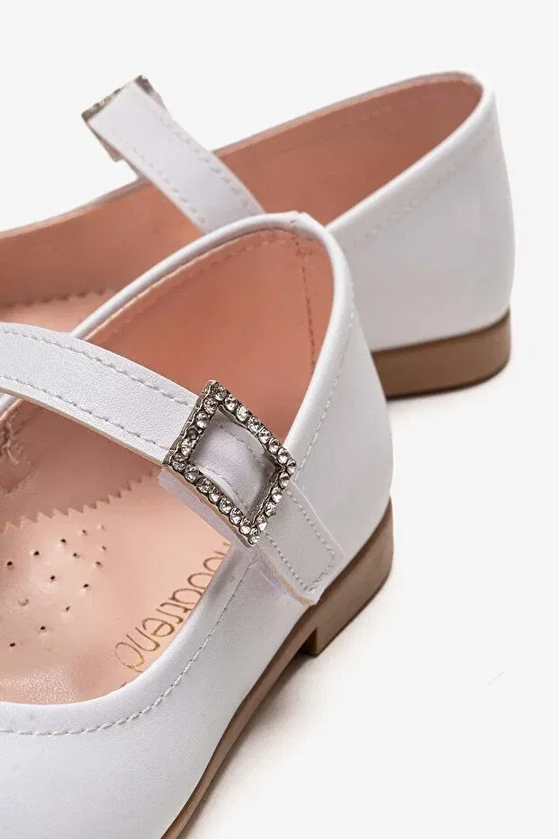 Детские балетки для девочек с кожаным верхом Beret with stones buckled children's ballet flats white skin Ccway Ayakkabi, White — фото 3