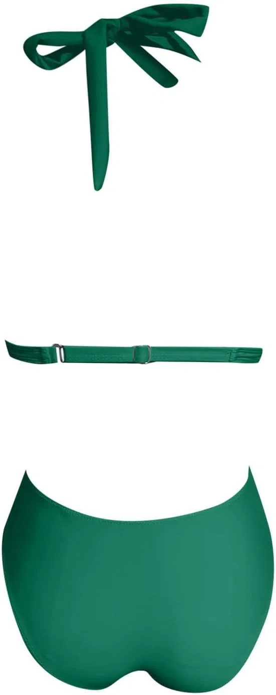 Женский бикини-комплект с завышенной талией V-образным вырезом, Dark Green — фото 4