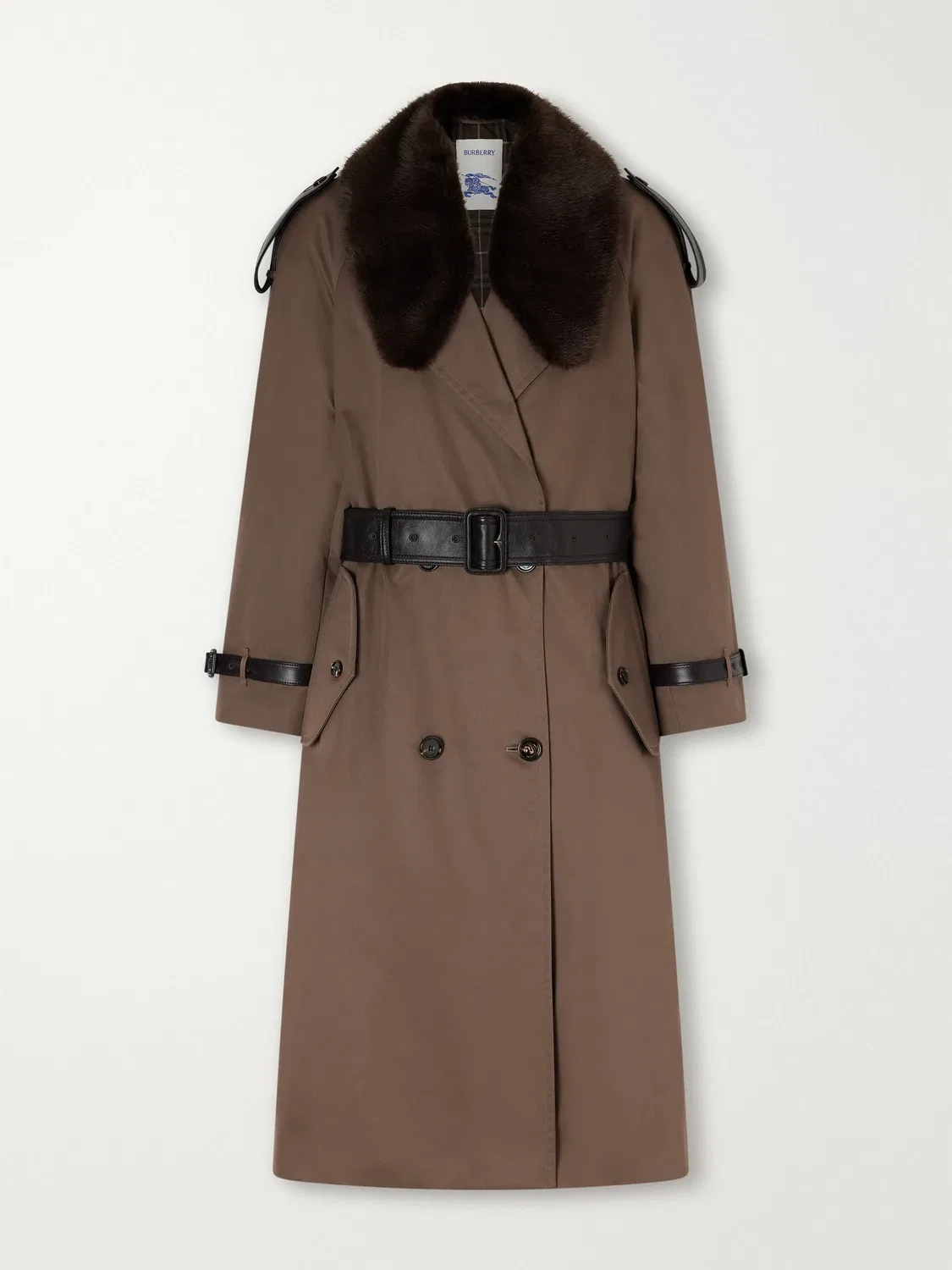 Тренч из хлопкового габардина с отделкой из кожи и плюша Burberry, коричневый