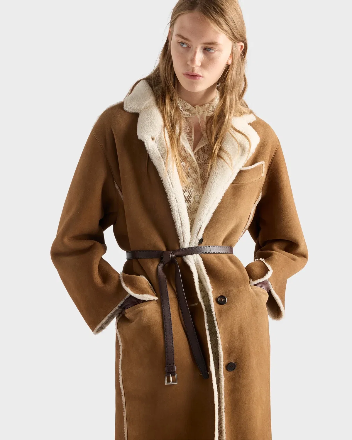 Дубленка классического кроя Prada, коричневый — фото 3
