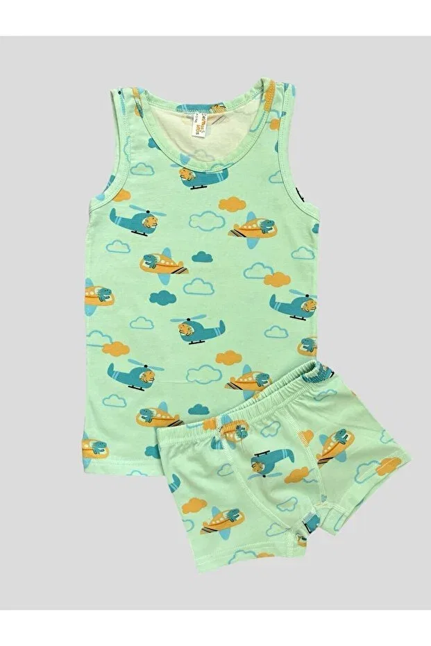 Детский комплект нижнего белья для мальчиков с принтом Helicopter Patterned Net Part Stitched Water Green Elmas Kids, Water Green