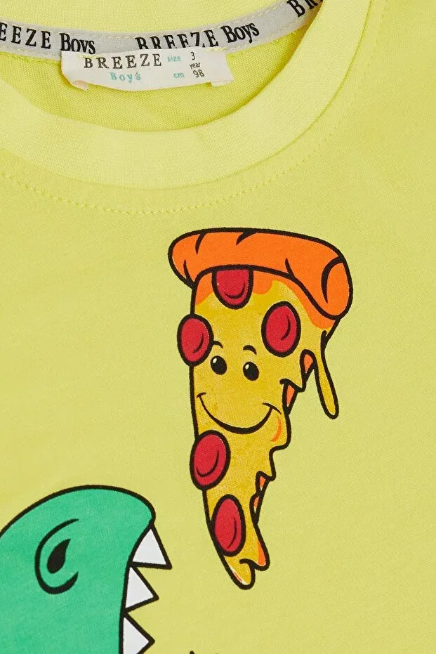 Детская футболка для мальчиков с принтом Happy Dinosaur Eating Pizza Breeze, Yellow — фото 3