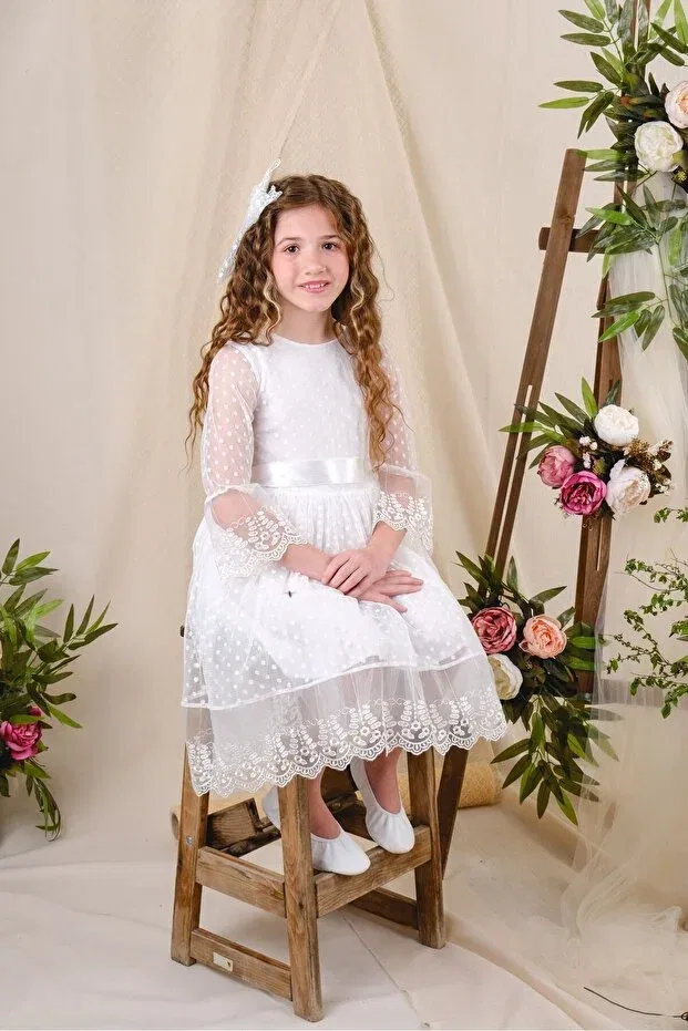 Детское платье для девочек кружевное E.T.Ç baby lacy laced polka dot girl's evening dress Kt Pera Baby, White