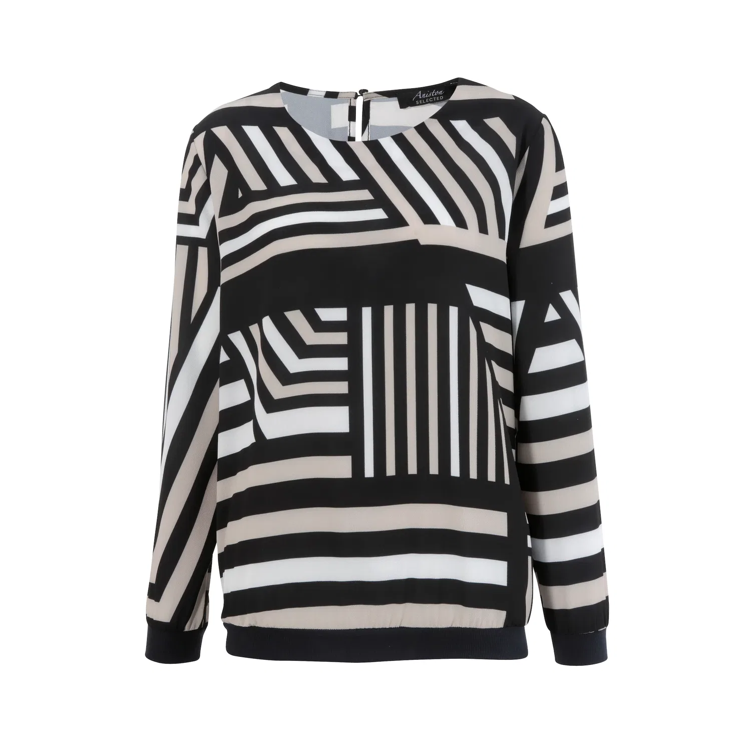 Женская блуза свободного кроя с графическим узором Aniston SELECTED, Black/Off-White/Beige — фото 3