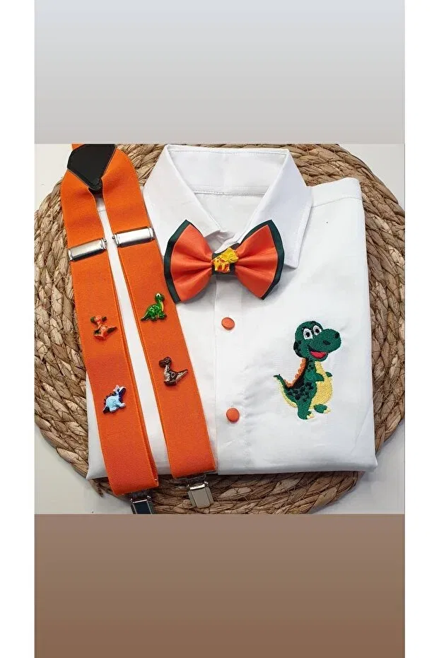 Детская рубашка для мальчиков с принтом Dinosaur Old Bow Tie Shirt Cool Partyshop, Dark Green — фото 3
