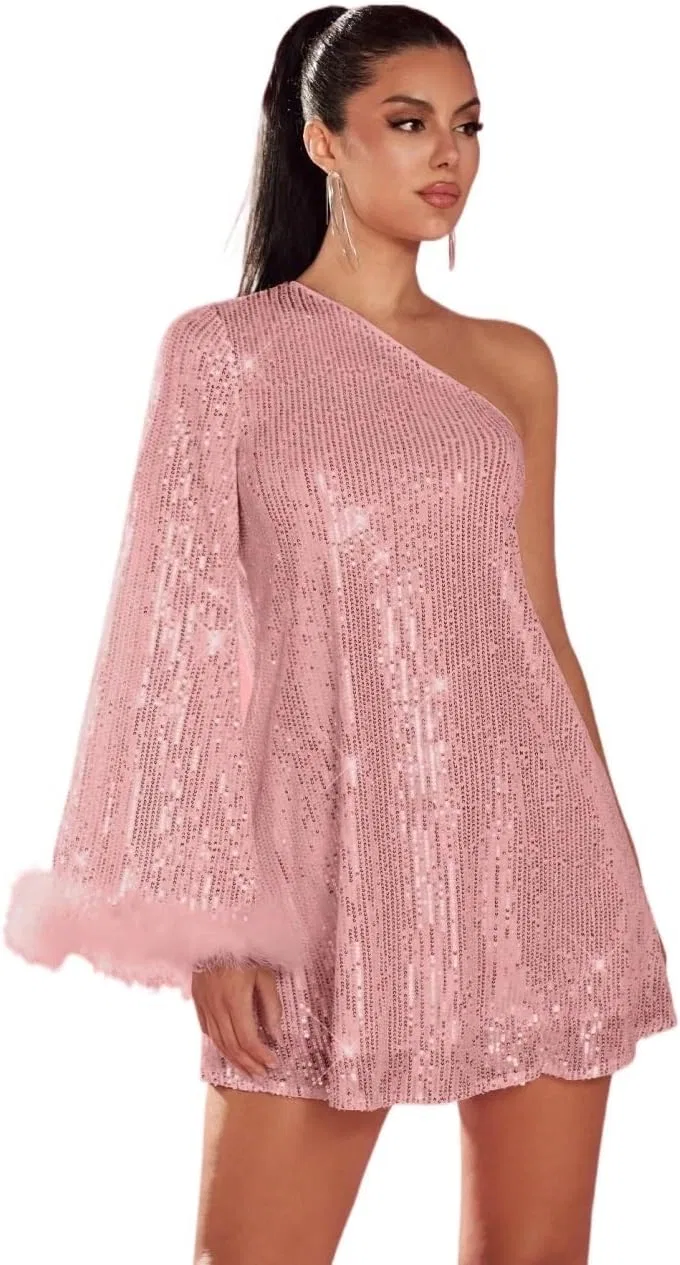 Женское короткое платье A-силуэта с пайетками Yuchenda, Pink