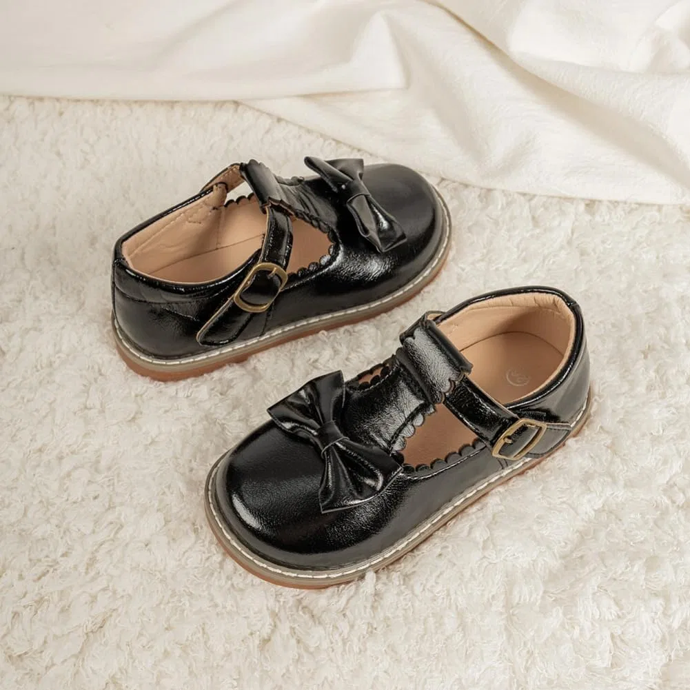 Детские туфли для девочек с бантом T-Strap Mary Jane Flats GOJERP, Black — фото 2