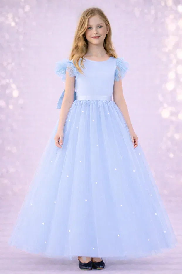 Детское платье для девочек с длинным рукавом Baby Girl Baby Blue Gathered/Ruffled Sleeve Long Pearls Graduation Dress Madyabutik, Blue — фото 2